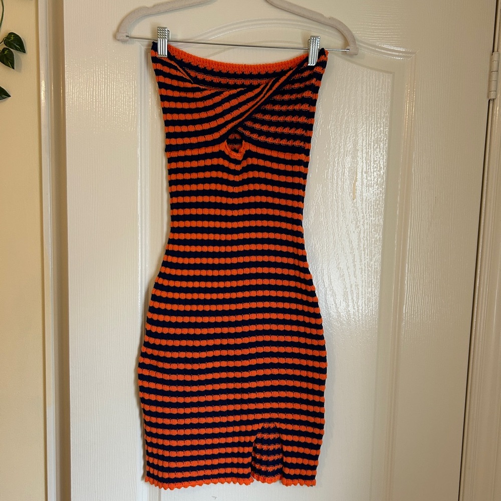 Striped Knit Bodycon Dress with unique criss cross detail
